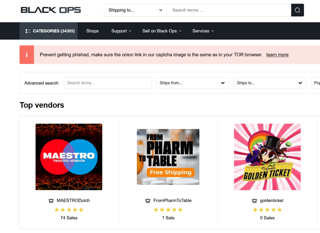 BlackOps Market darknet interface with modern dark theme, Monero icons, escrow badge, product listings, and search functionality
